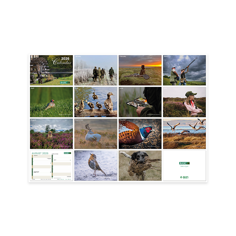 2026 BASC Calendar featuring monthly nature and wildlife scenes. Cover displays a scenic outdoor setting with '2026 Calendar' text and BASC logo. Each month showcases a unique image, including frosty landscapes, dogs, birds, deer, and countryside activities. Includes an August 2026 planner and ends with BASC branding and recycling symbol.