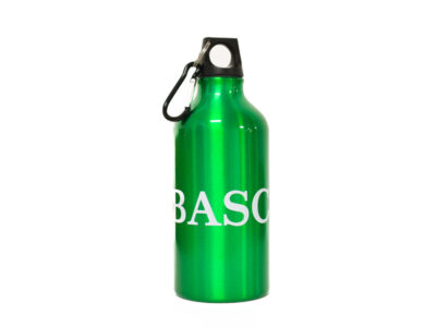 Green aluminium reusable water bottle with white BASC logo and black screw-top lid. Lightweight outdoor bottle with integrated carabiner clip, suitable for shooting sports, hiking and everyday use.